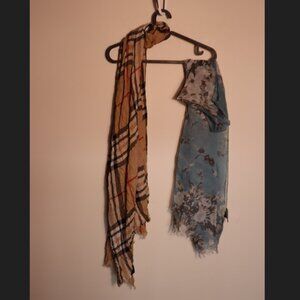 Set of two scarves, one brown plaid rectangle and one blue floral semi opaque
